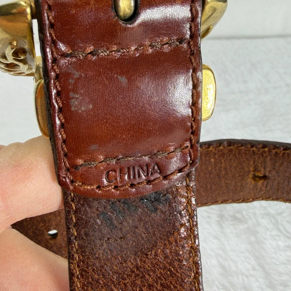 VTG Fossil Womens S Brown Leather Western Concho Belt Gold Tone Filigree Buckle‎